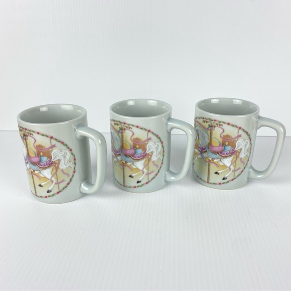 Otagiri Japan Carousel Mugs 8 Ounce Cups Gray Green White Horse Both Sides 3 LOT - Picture 4 of 8